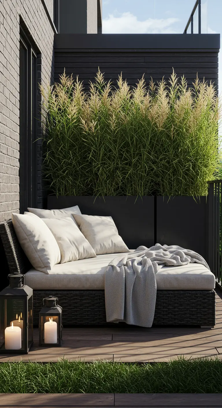 Rieten daybed met witte kussens en plaid op balkon, met hoge grassen en lantaarns.