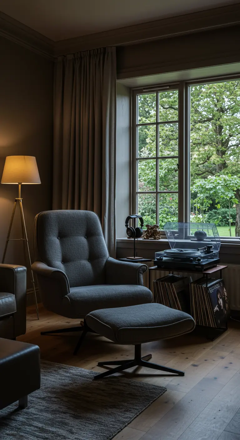 Donkere fauteuil met voetenbank bij raam, platenspeler en LP-collectie, gedempt licht.
