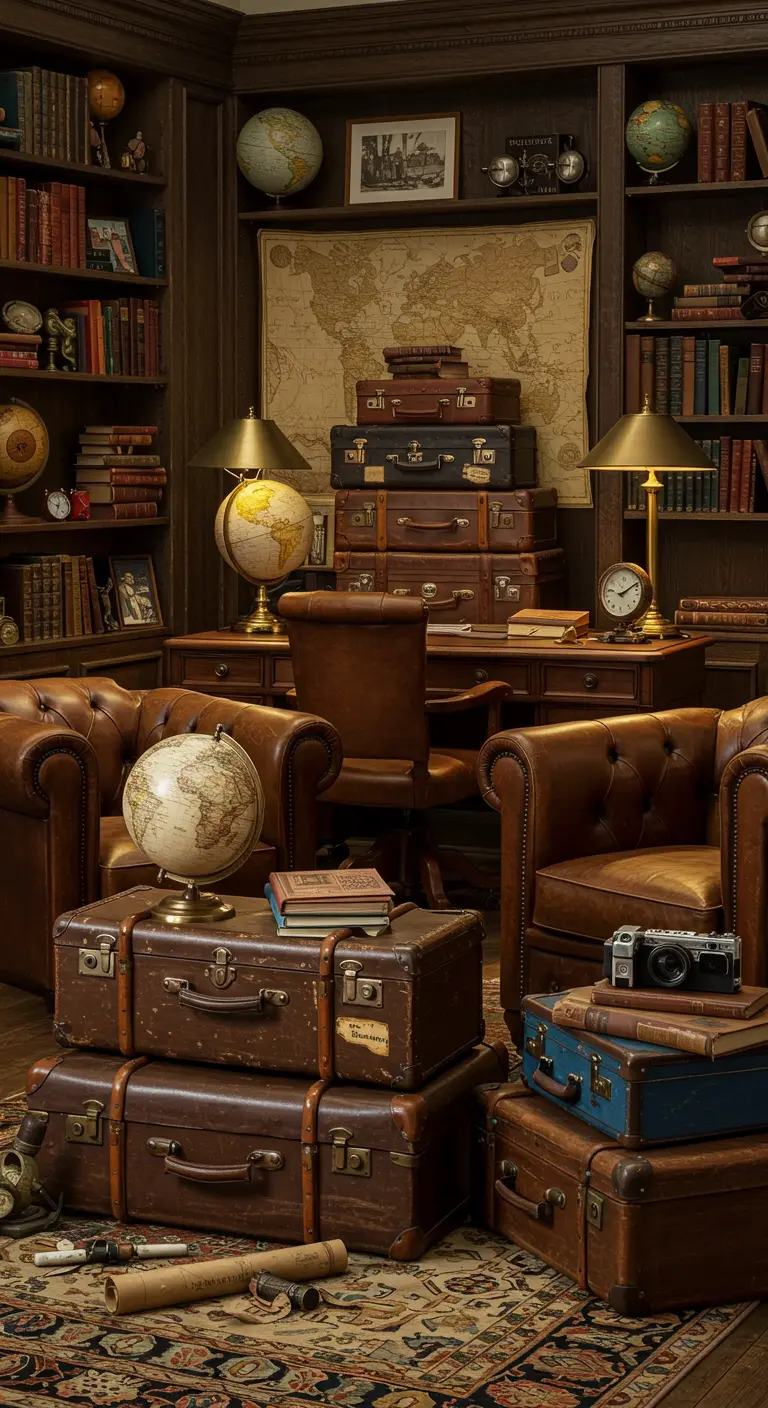 Klassieke studeerkamer met boekenkasten, lederen fauteuils, globes en opgestapelde vintage koffers.