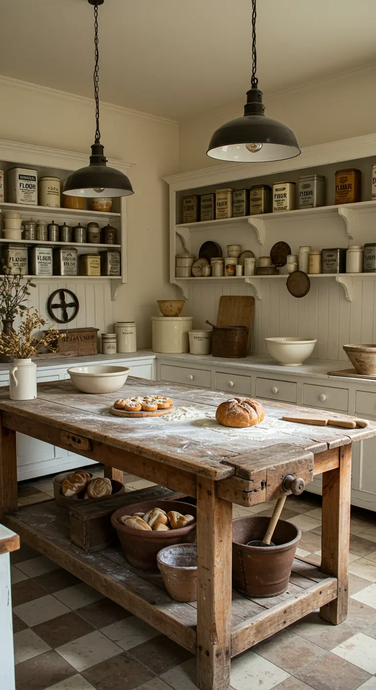 Rustieke keuken met grote houten werkbank als eiland, open planken met voorraadpotten en geblokte vloer.