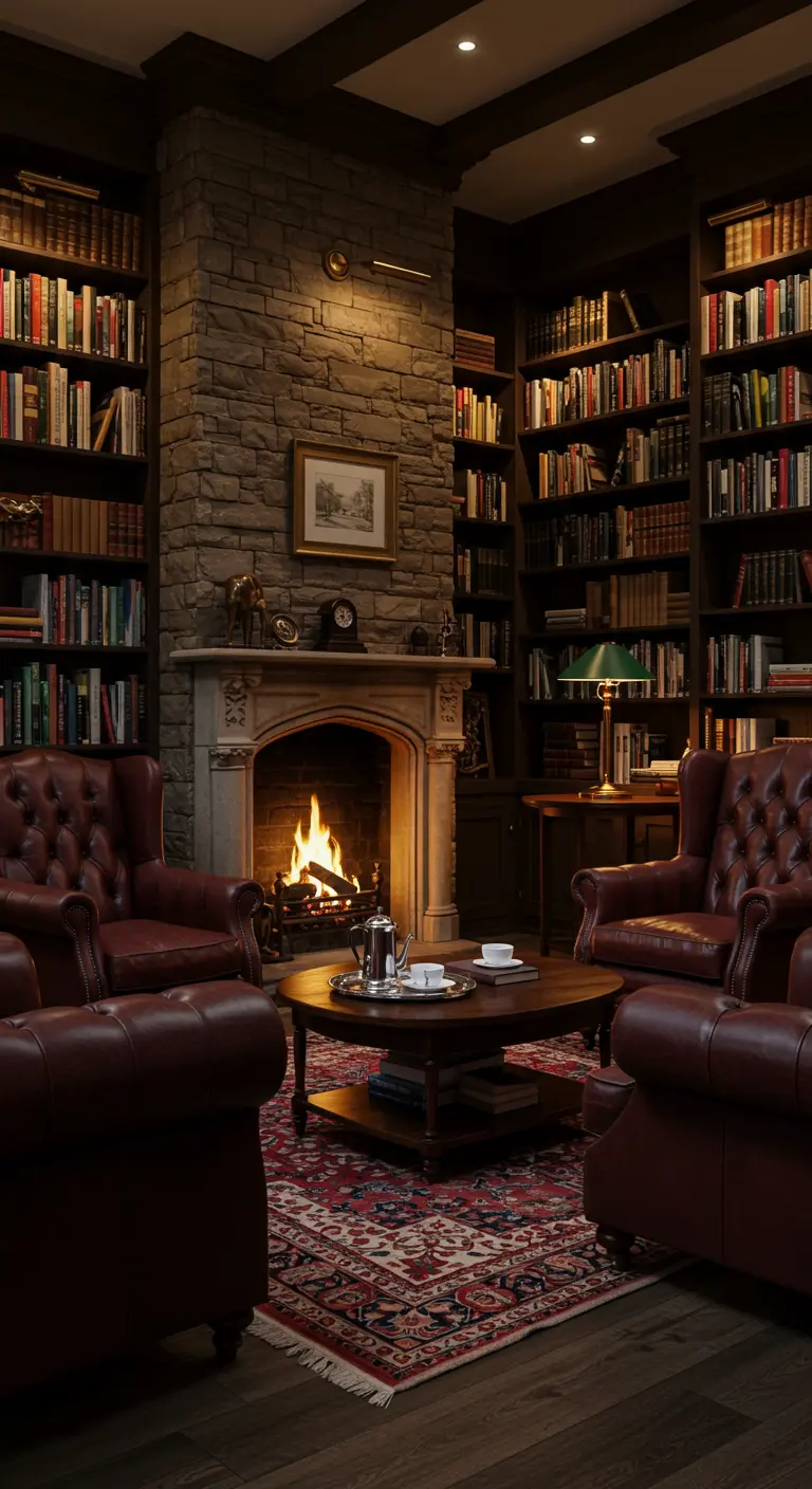 Klassieke bibliotheek-woonkamer met ingebouwde boekenkasten, stenen schouw en leren fauteuils.