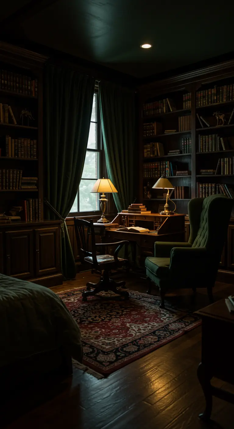 Donkere, studeerkamer-achtige slaapkamer met donkergroene gordijnen.