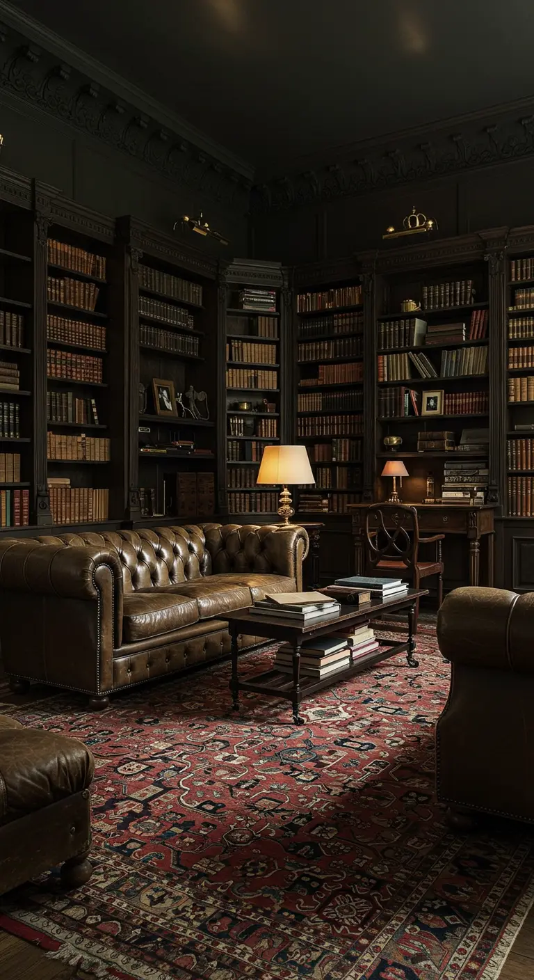 Klassieke bibliotheek zithoek met leren Chesterfield bank en boekenkasten rondom.