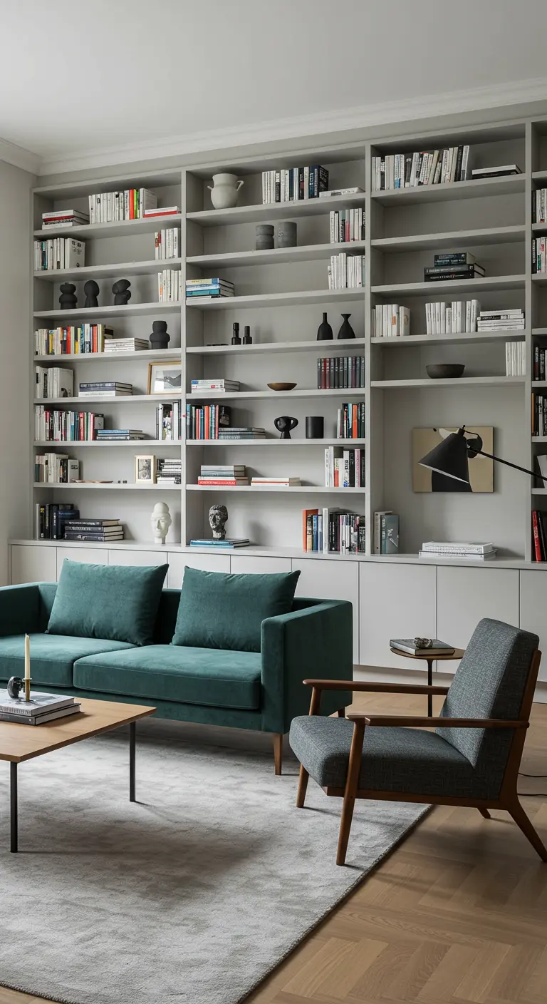 Scandinavische woonkamer met een grote, kamerhoge boekenkast en een donkergroene bank.