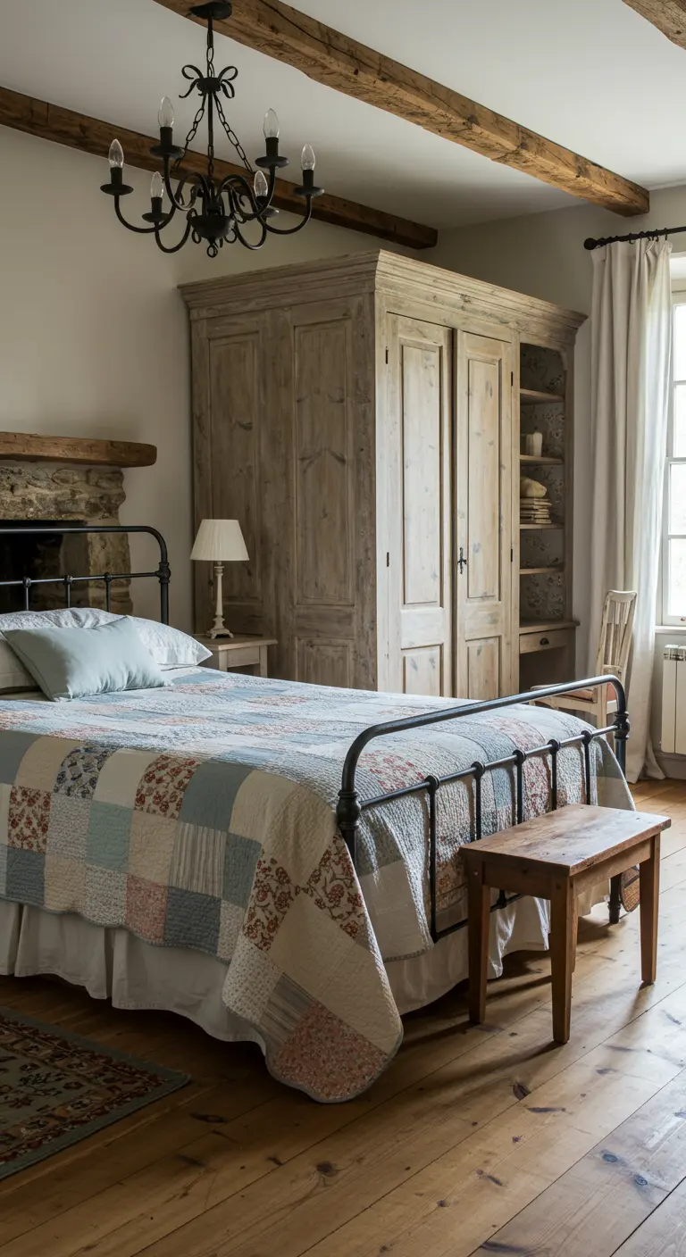 Landelijke slaapkamer met houten kast waarin een werkplek is verwerkt.