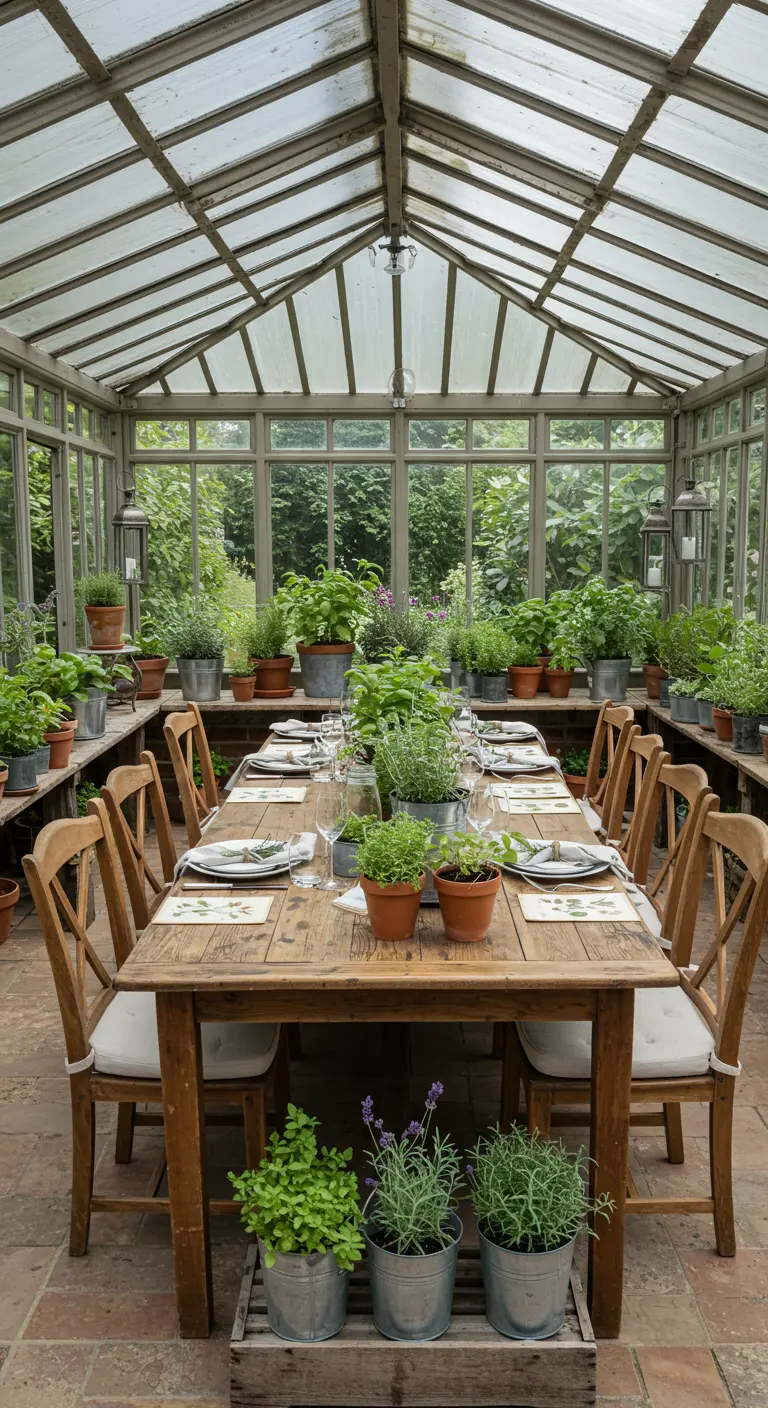 Lange houten tafel in kas, gedecoreerd met potten verse kruiden en planten.