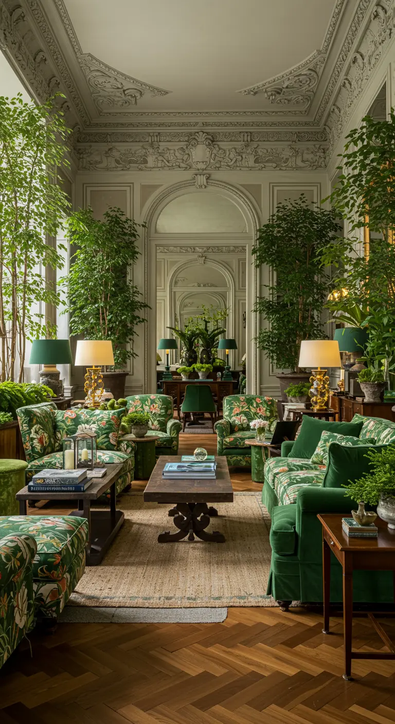 Weelderige woonkamer met botanische print meubels en veel hoge planten.