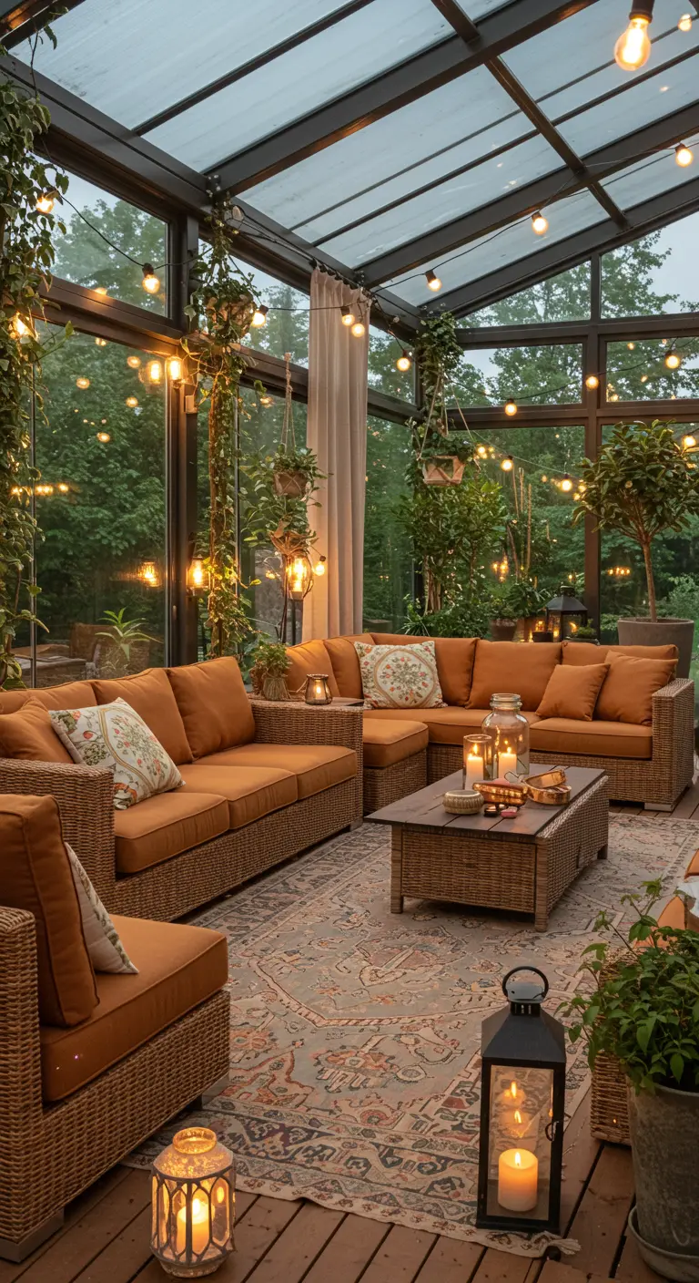 Serre woonkamer met rotan meubels, planten en lichtslingers.
