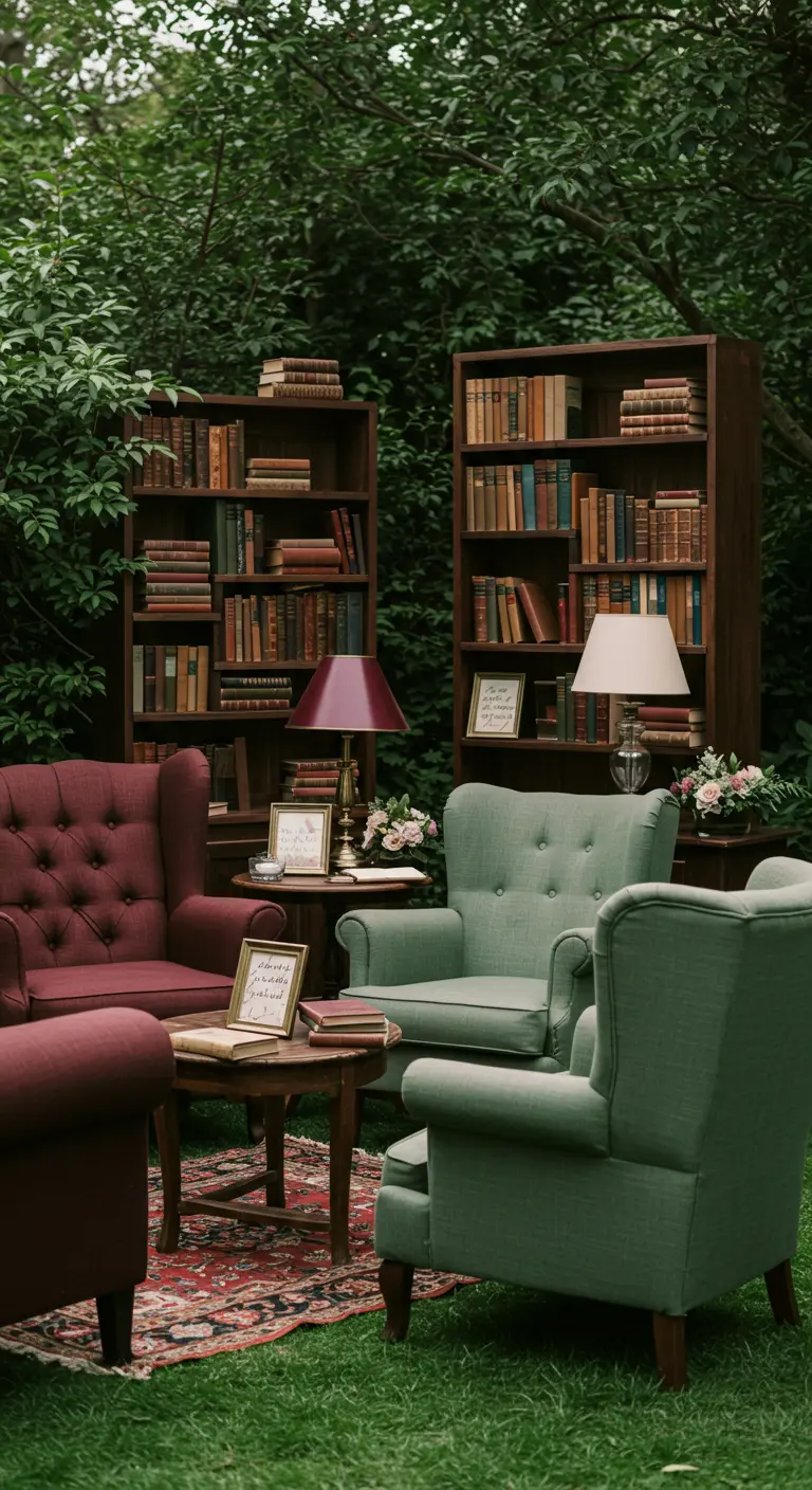 Buitenlounge ingericht als bibliotheek met fauteuils, boekenkasten en schemerlampen.