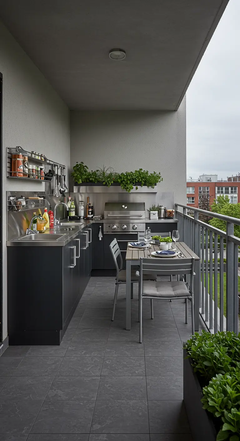 Balkonmuur ingericht als buitenkeuken met BBQ, spoelbak en eettafel.