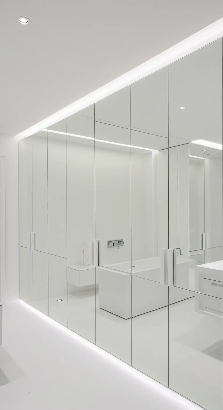 Witte minimalistische badkamer met volledige spiegelwand die kasten verbergt.