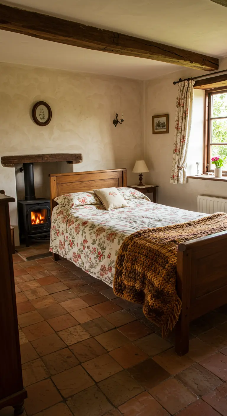 Landelijke slaapkamer met een houtkachel, een houten bed met bloemenpatroon en een dik deken.