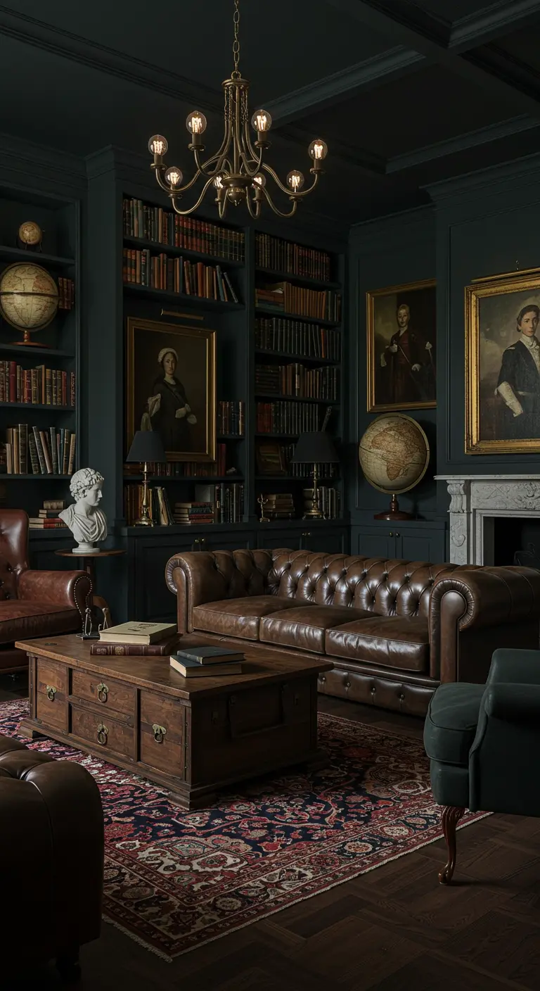 Donkere, klassieke woonkamer met hoge boekenkasten, leren Chesterfield bank en globes.