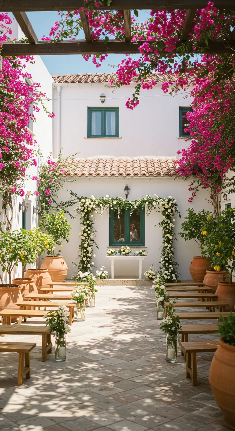 Ceremonie in witte binnenplaats met bougainvillea en bloemenranken