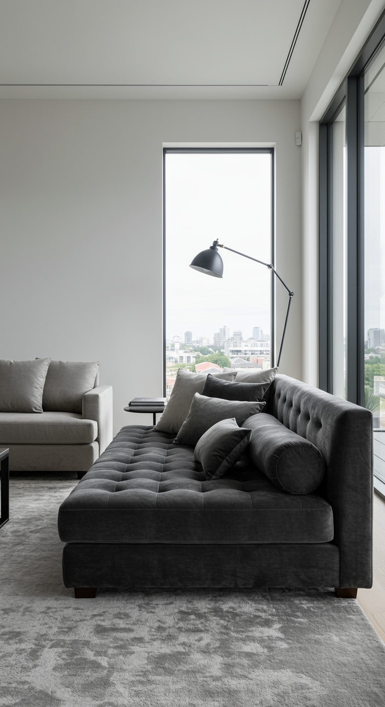 Donkergrijze, diep gecapitonneerde fluwelen chaise longue sofa.