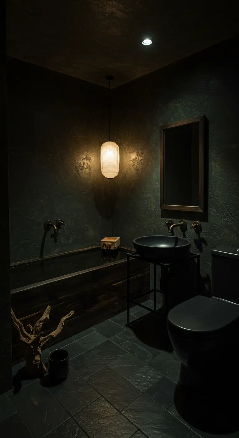 Zeer donkere wabi-sabi badkamer met sfeerverlichting, houten badombouw en zwarte wastafel.