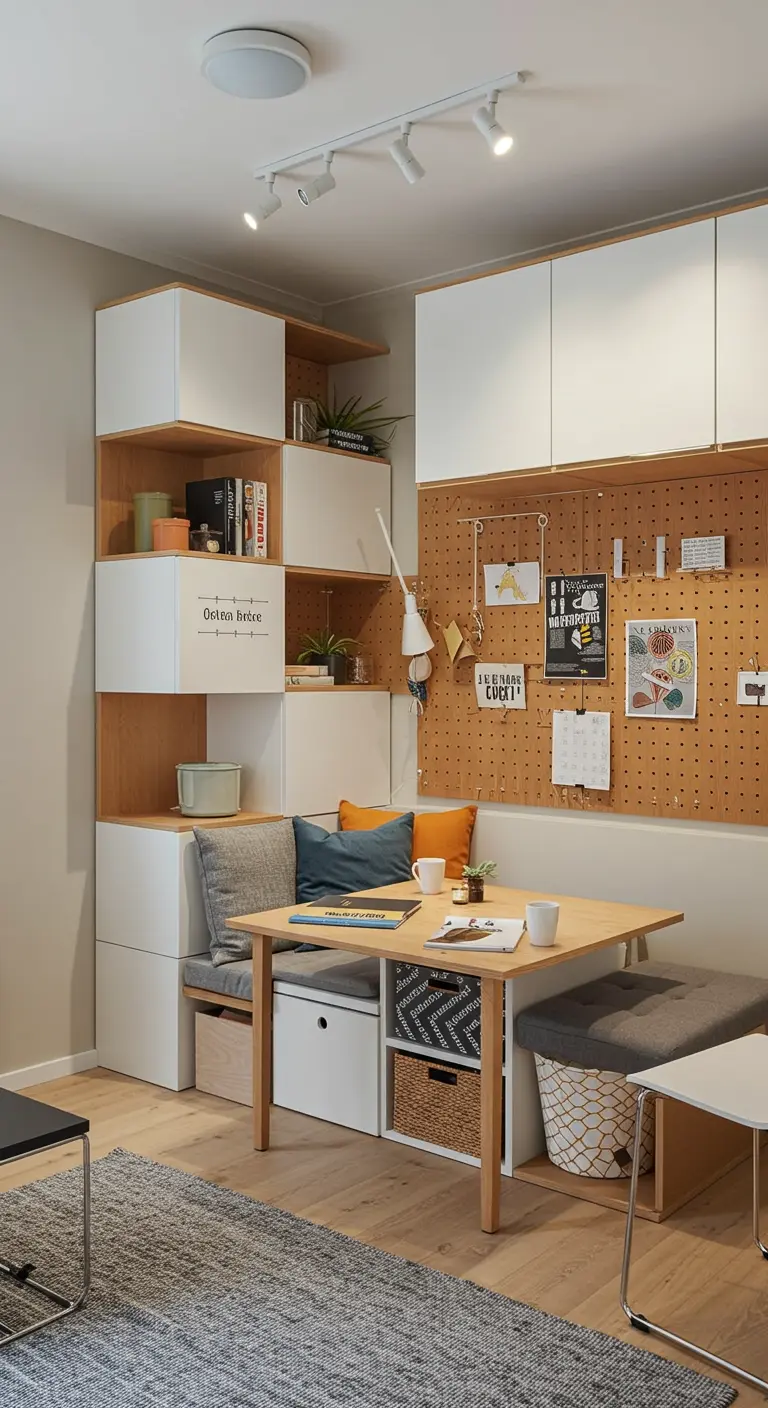 Compacte eethoek met opbergbank, houten tafel, en een pegboard aan de muur.