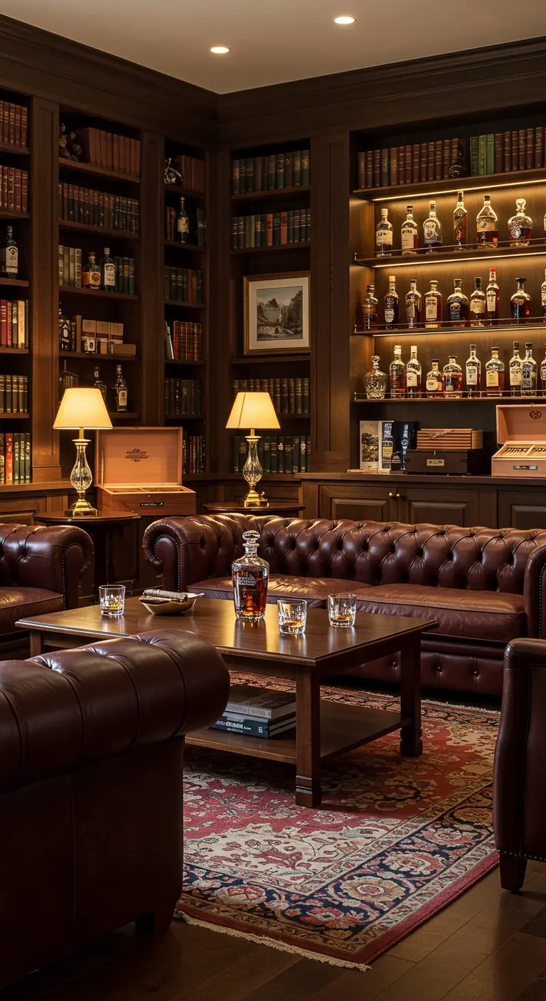 Luxe thuisbar met donker hout, Chesterfield banken, goedgevulde drankenkast en sfeerlampen.