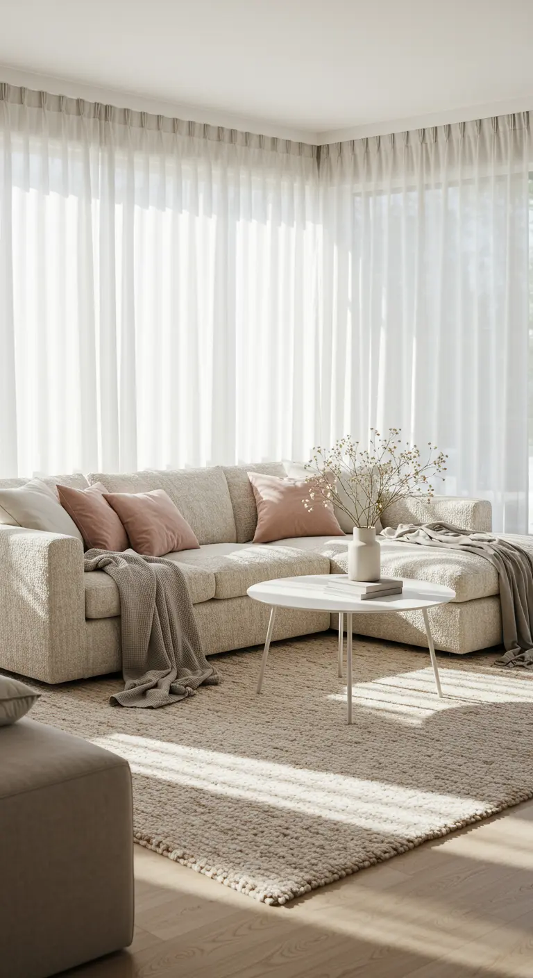 Lichte woonkamer met bouclé bank, roze kussens en witte vitrage.