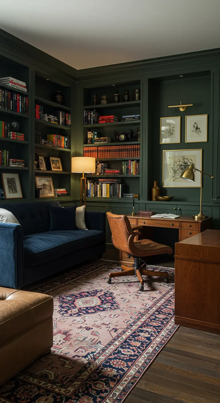 Klassieke studeer/logeerkamer met donkergroene muren, boekenkasten en een bureau.