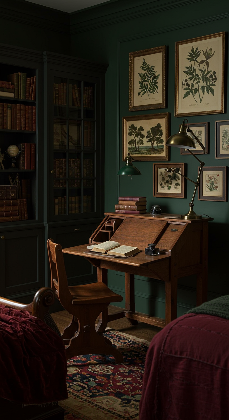 Donkere, klassieke slaapkamerhoek met een houten secretaire en botanische prenten.