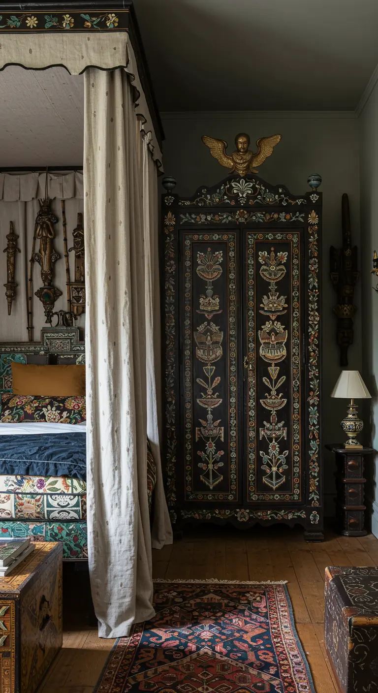 Antieke, rijk versierde kast naast een bed met baldakijn in een eclectische slaapkamer.