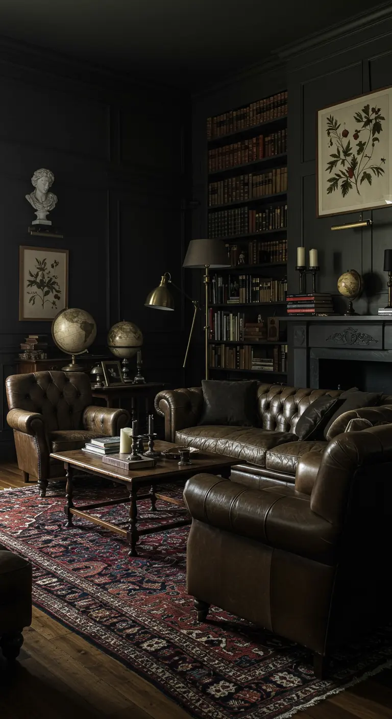 Donkere, sfeervolle woonkamer met leren Chesterfield en bibliotheekelementen.