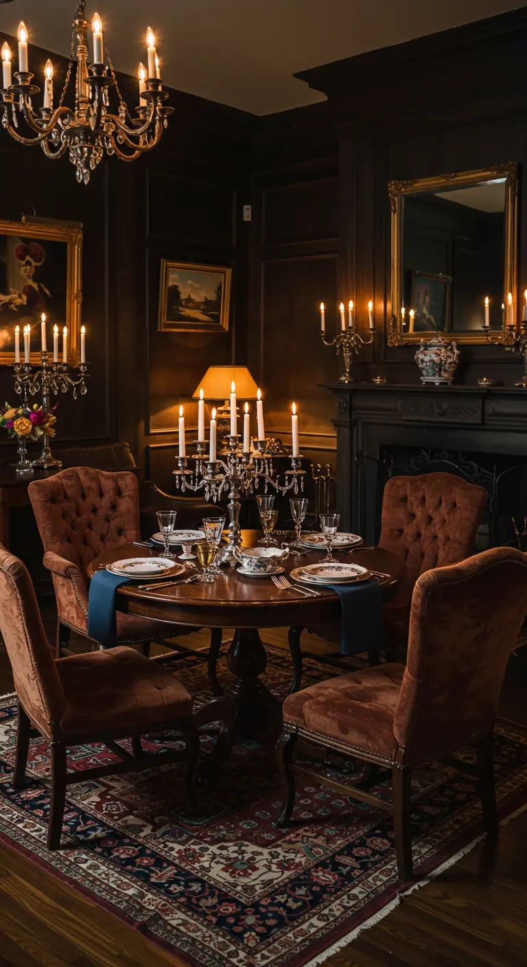 Donkere, klassieke eetkamer met ronde houten tafel, hoge kaarsen en weelderige kandelaars.