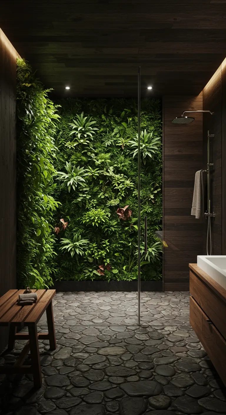 Donkere badkamer met groene plantenwand, houten meubels en kiezelvloer