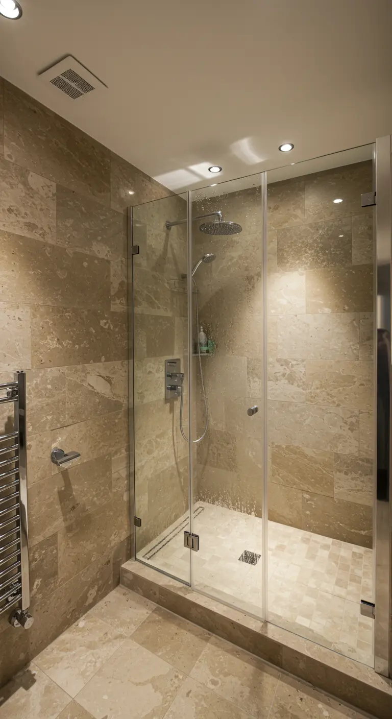 Glazen douchecabine in een badkamer met natuursteenlook tegels.