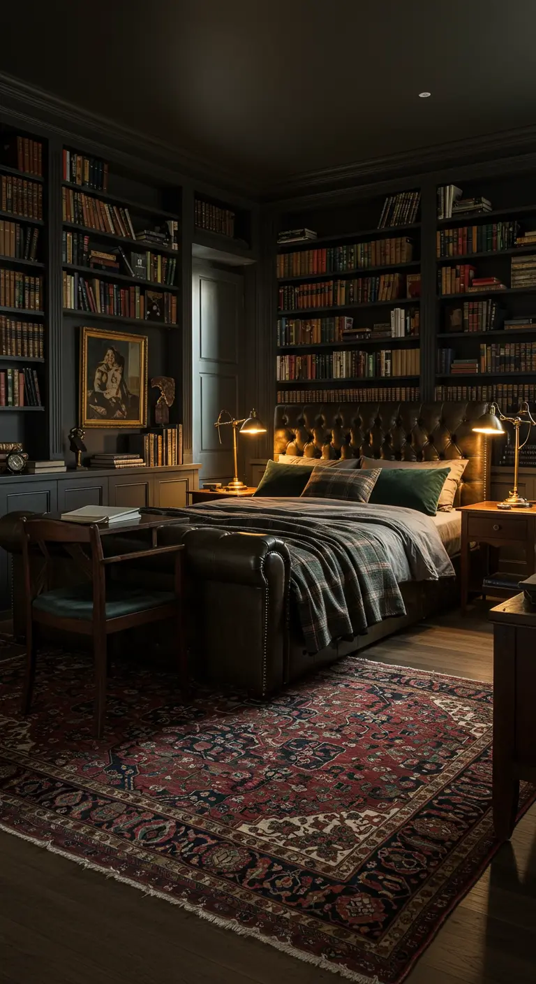 Donkere slaapkamer/bibliotheek met ingebouwde boekenkasten en Chesterfield bed.