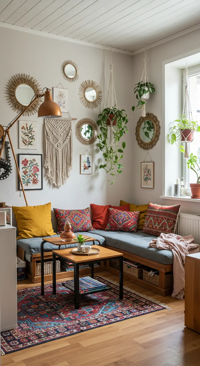 Bohemian hoekbank met kleurrijke kussens, gallery wall met spiegels en macramé, en hangplanten.