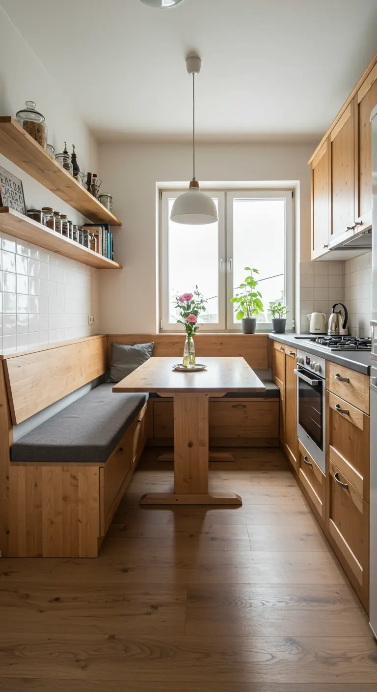 Houten keuken met een lange ingebouwde bank, eettafel en opbergruimte onder de bank.