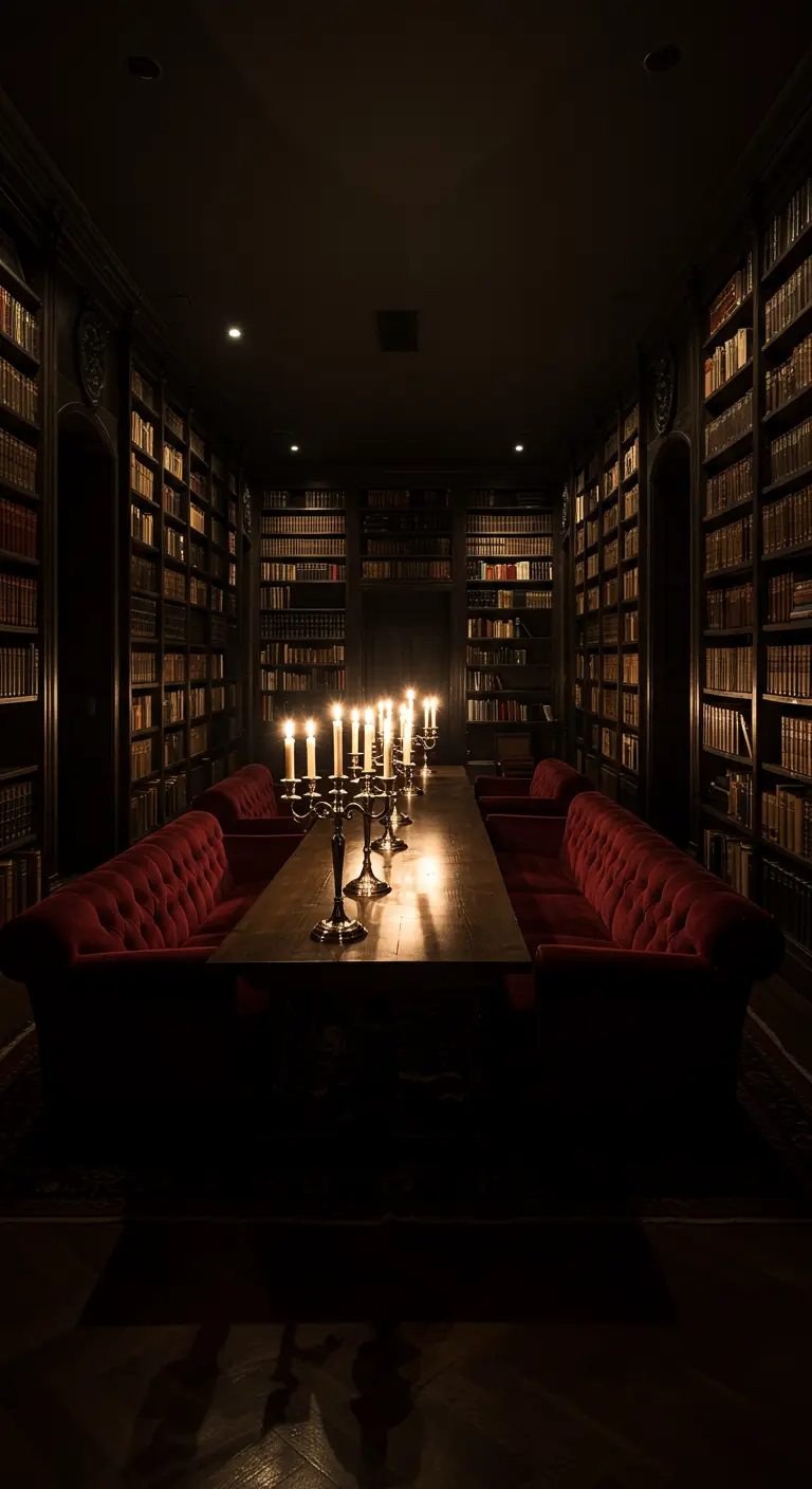 Lange, donkere kamer met een tafel geflankeerd door rode fluwelen banken en een rij kandelaren.