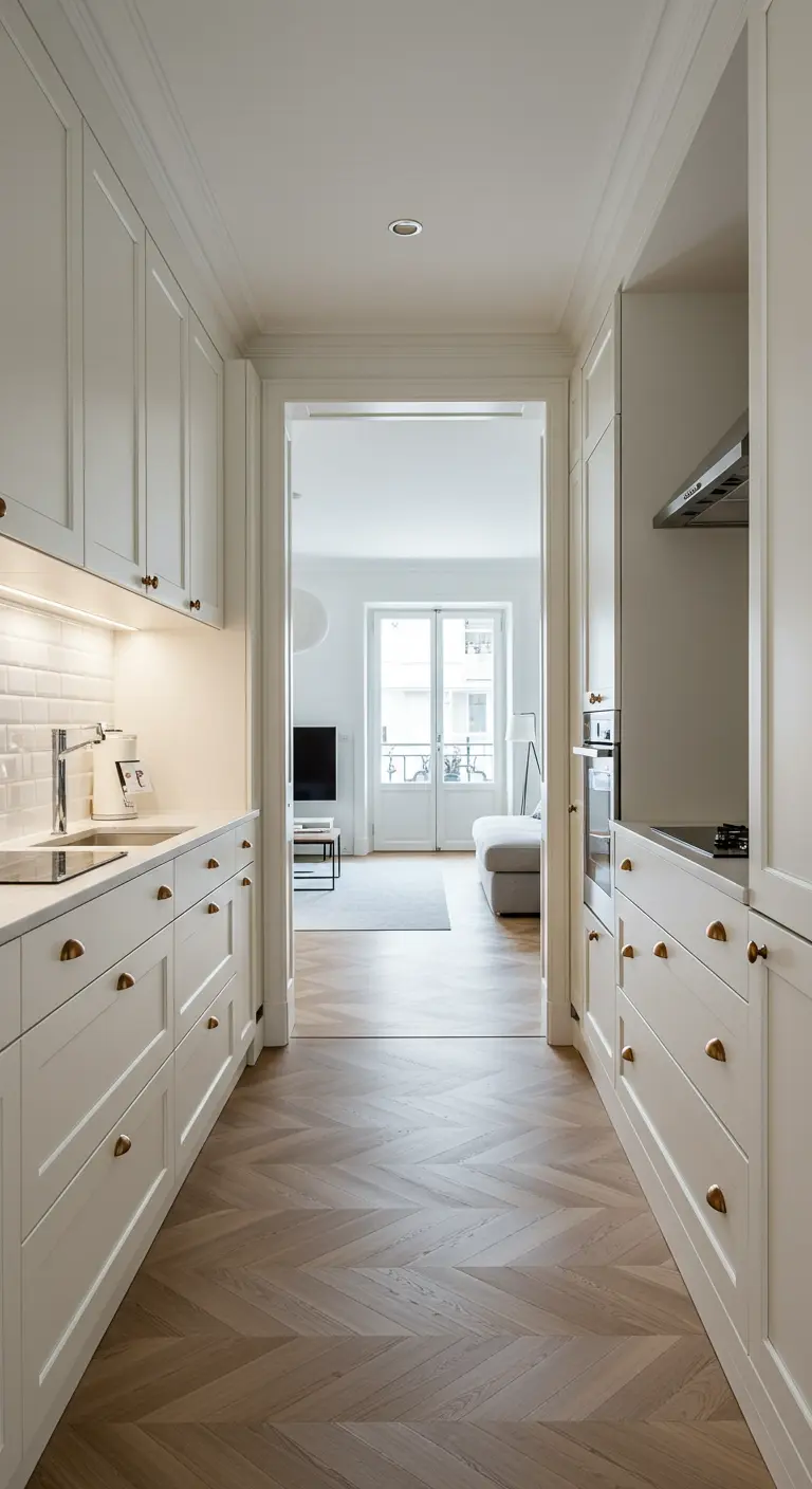 Lange, smalle witte open keuken met visgraatvloer en doorkijk naar lichte woonkamer.