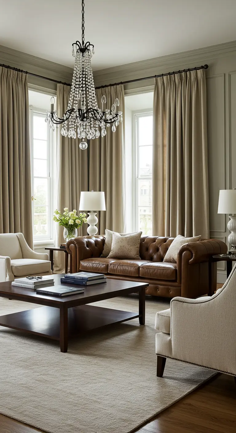 Elegante woonkamer met taupe gordijnen, een bruine chesterfield en een kristallen kroonluchter.