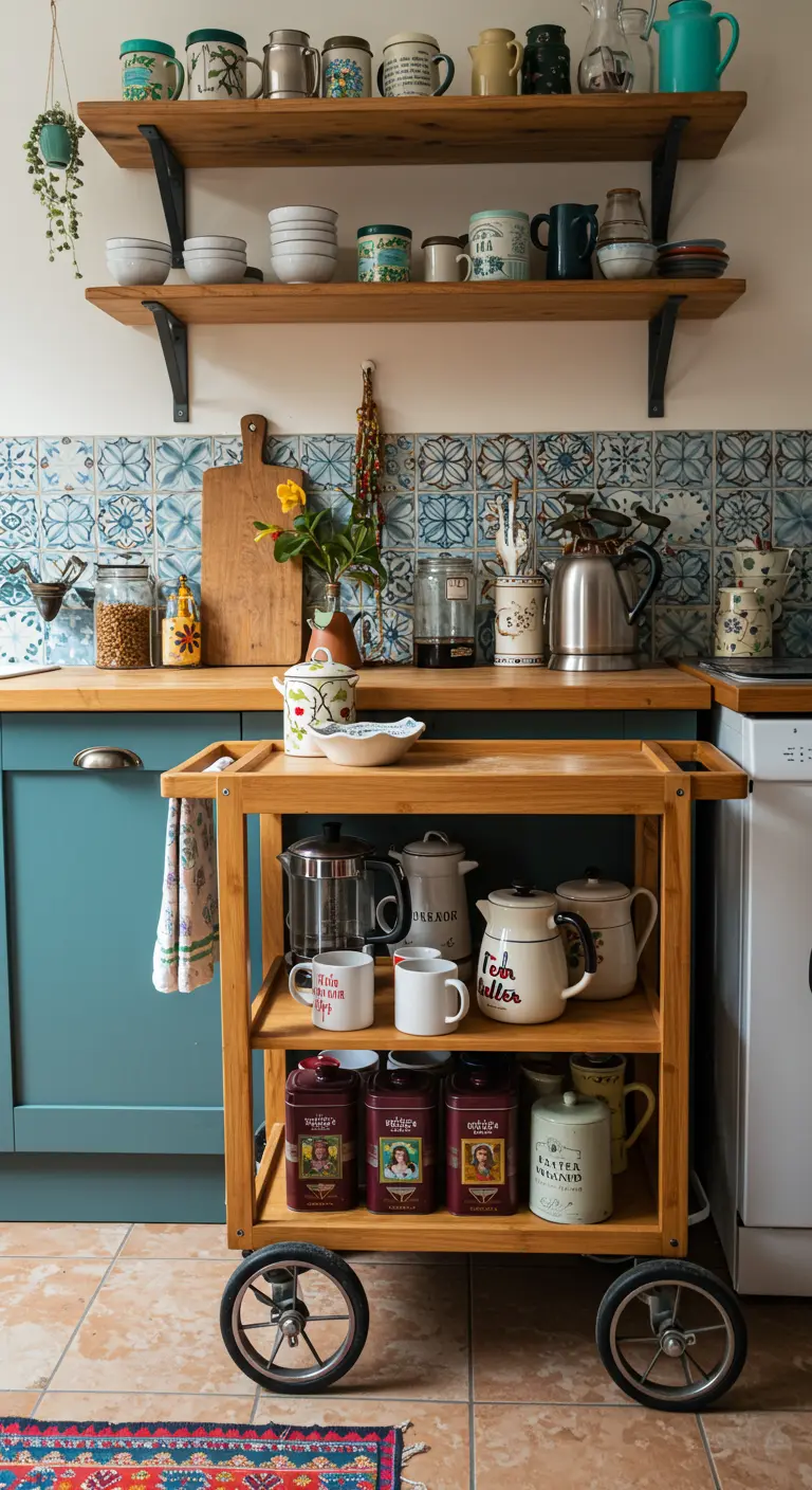 Houten keukentrolley met servies, voorraadblikken en grote wielen, op een tegelvloer met kleurrijk kleed.
