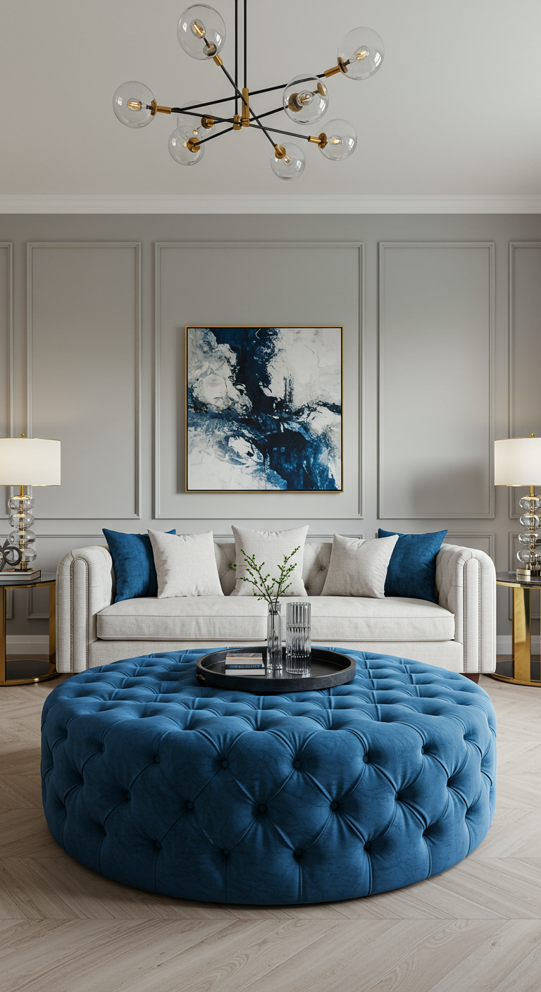 Woonkamer met een grote, ronde, koningsblauwe gecapitonneerde fluwelen poef.