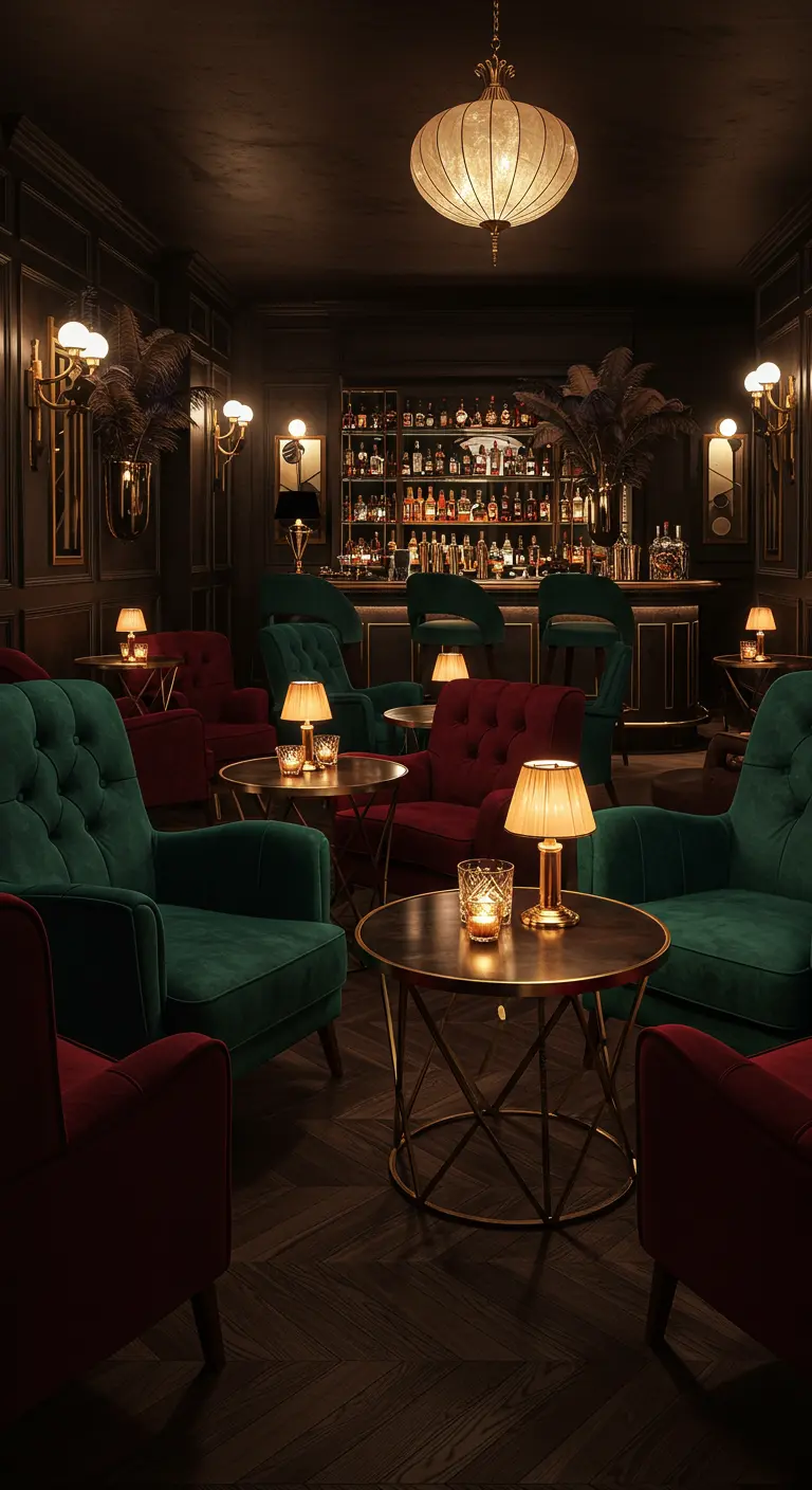 Chique donkere lounge met fluwelen fauteuils, gouden accenten en sfeervolle barverlichting.