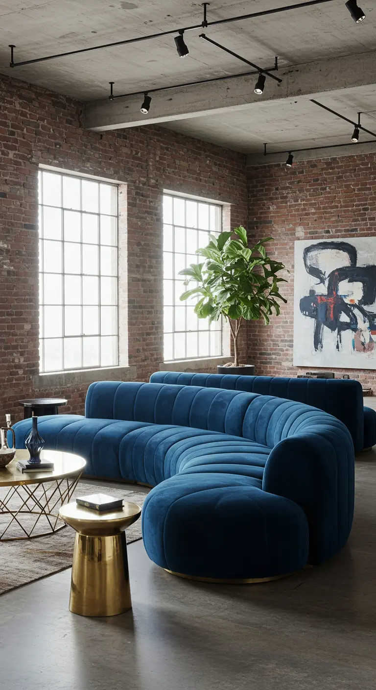 Diepblauwe fluwelen ronde modulaire bank in industriële loft met bakstenen muur en grote ramen.