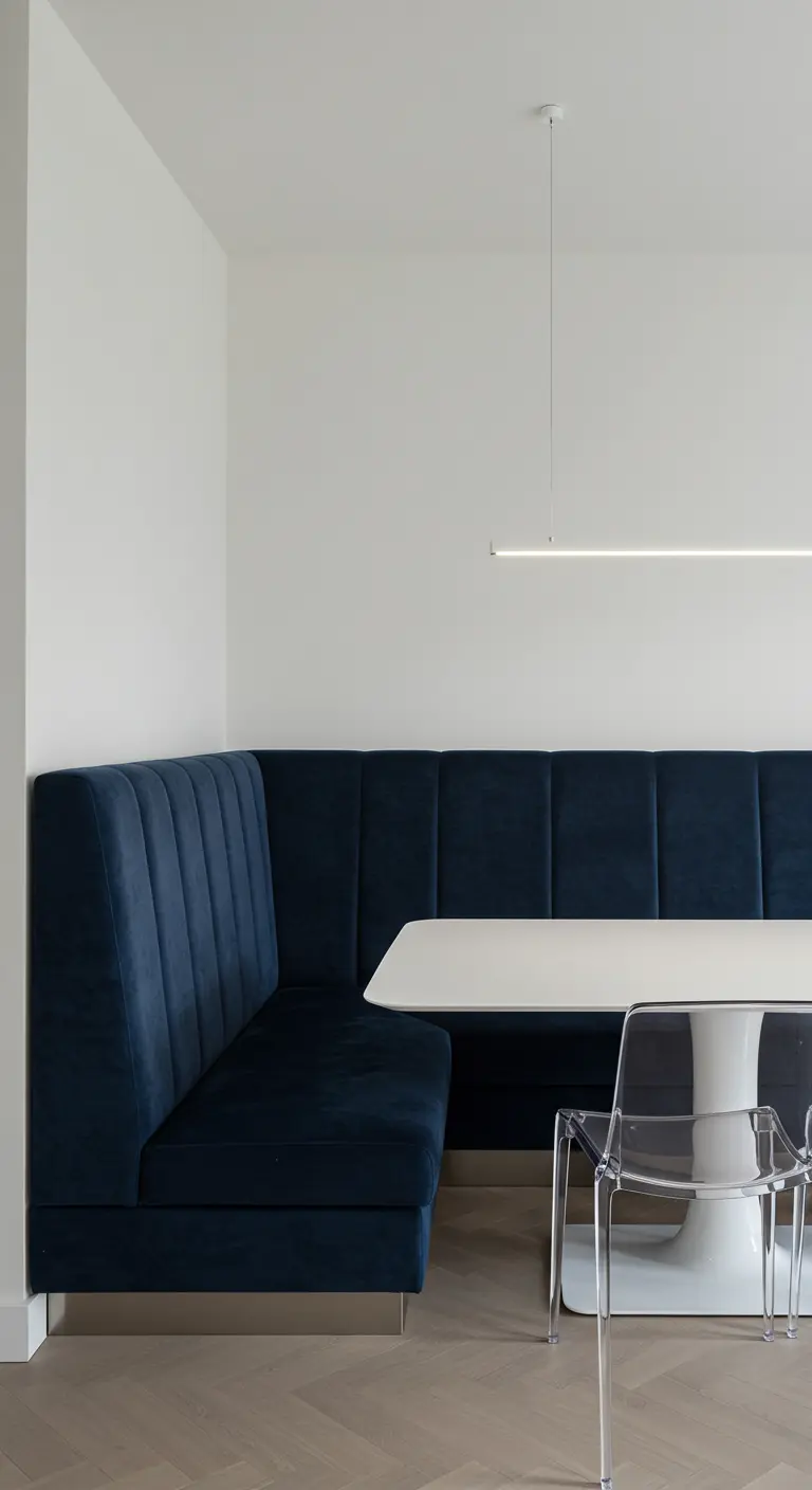 Donkerblauwe fluwelen hoekbank met hoge rugleuning en lijnlamp