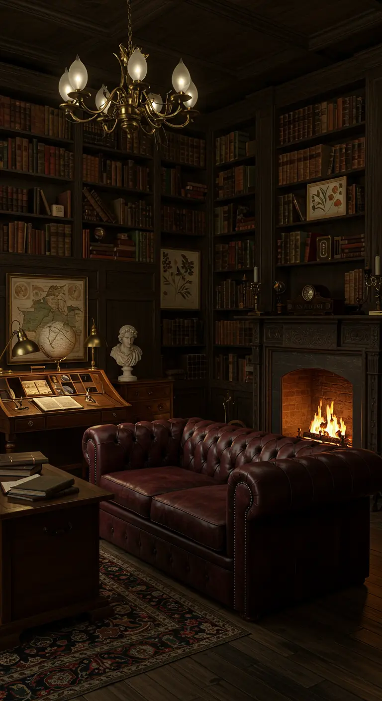 Donkere academische woonkamer met boekenkasten, leren chesterfield en open haard.