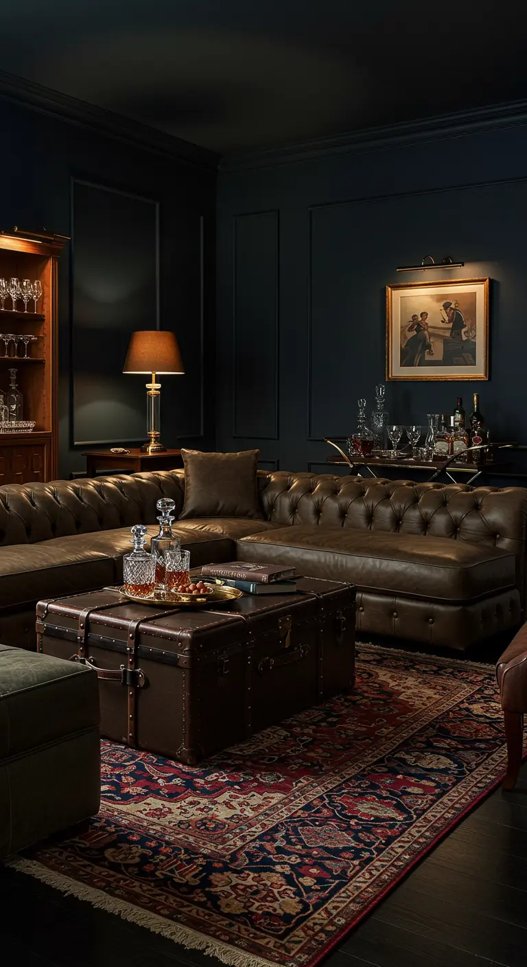 Donkere, luxe woonkamer met een chesterfield-hoekbank, een reiskoffer als salontafel en een bar cart.