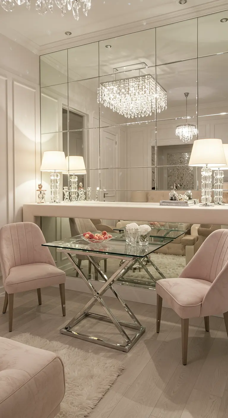 Elegante eetruimte met een grote spiegelwand, roze fluwelen stoelen en een glazen tafel.