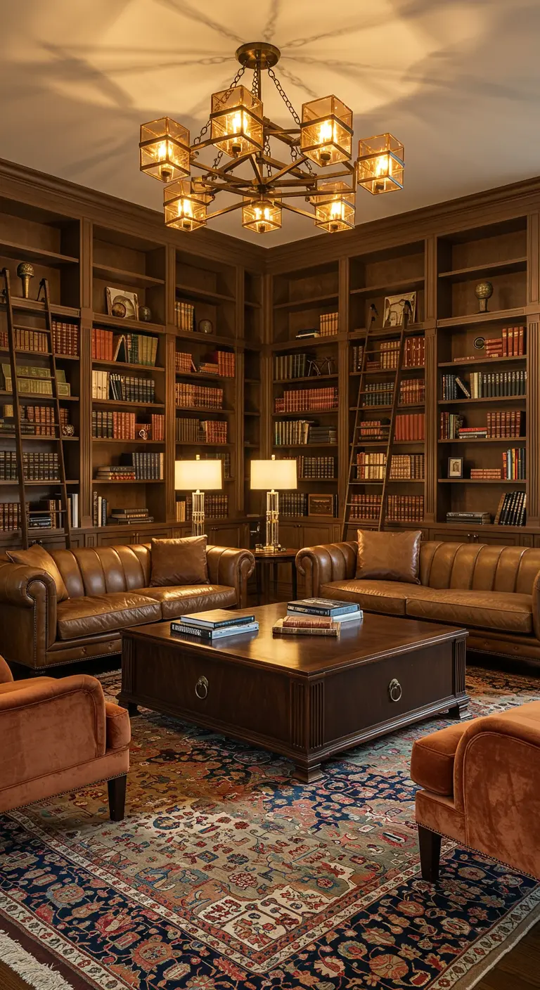 Luxe Art Deco bibliotheek woonkamer met donkerhouten boekenkasten en leren banken.