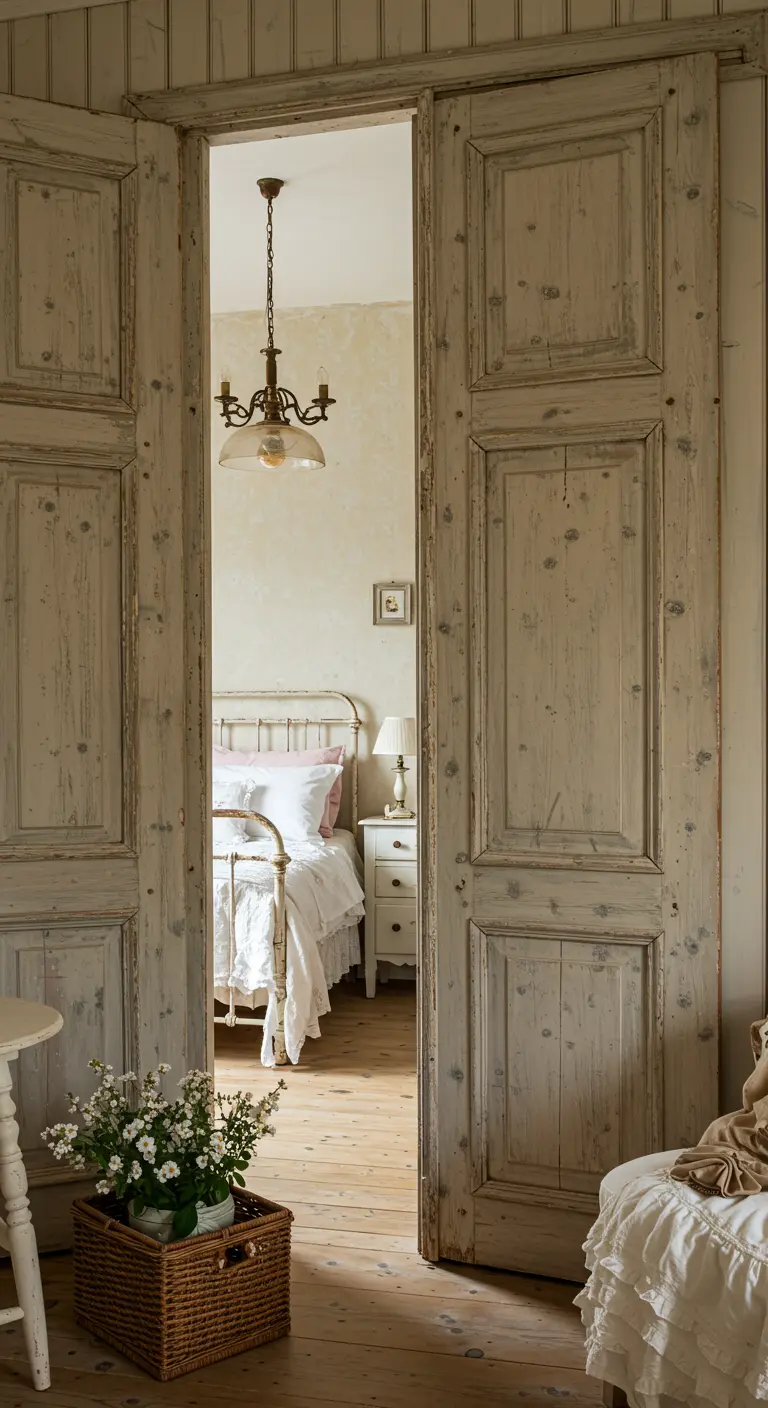 Oude, verweerde dubbele houten deuren staan open en onthullen een romantische slaapkamer.