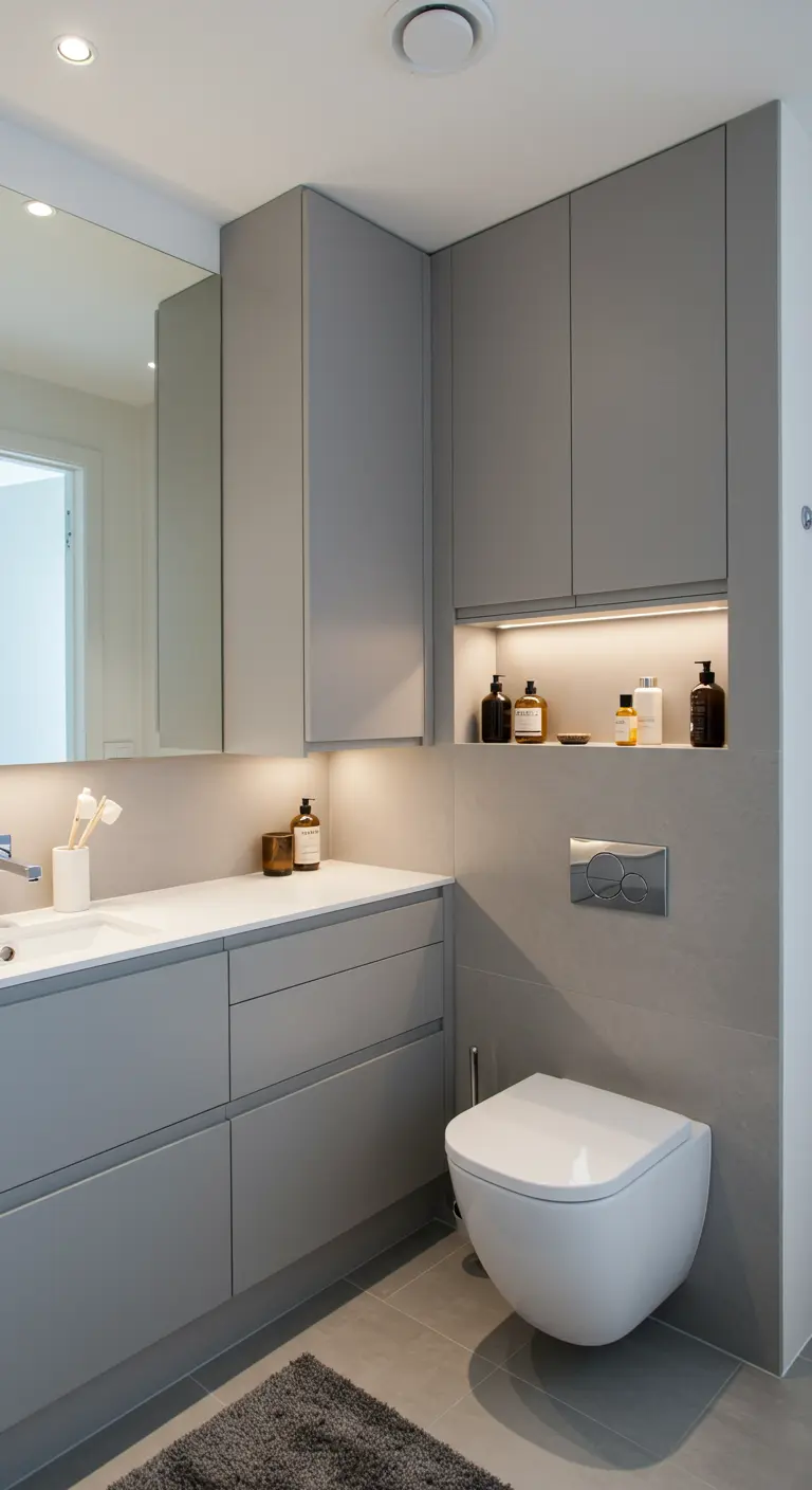 Moderne grijze badkamerkasten van vloer tot plafond met een verlichte open nis.