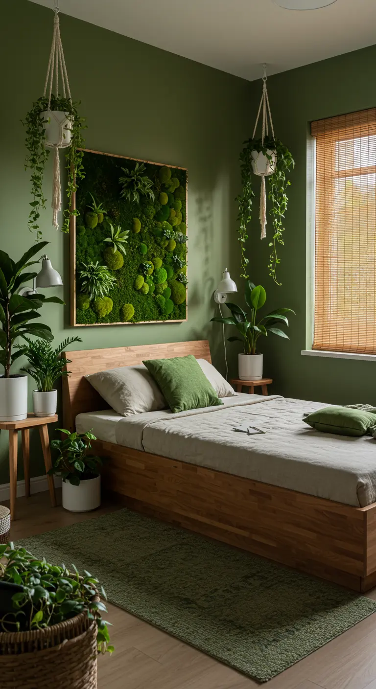 Groene slaapkamer vol planten met een houten bed en moswand.