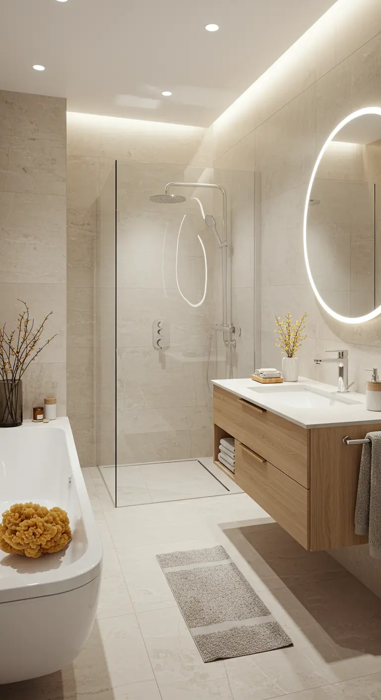 Badkamer met grote ronde spiegel met backlight en houten meubel.