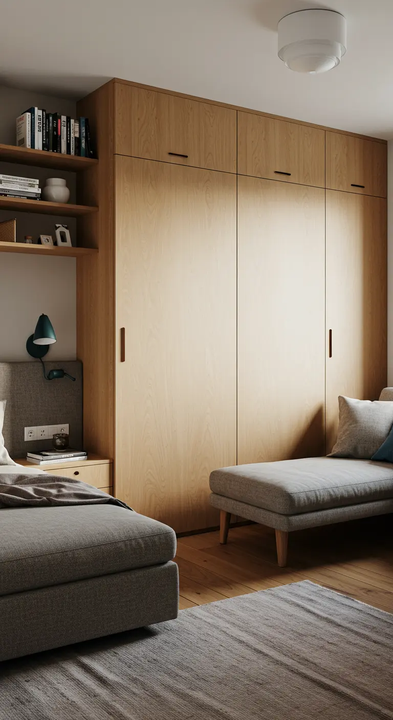 Hoge, lichte houten kastenwand naast een bed, met een daybed ervoor in een moderne slaapkamer.